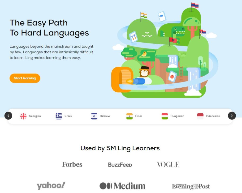 Landing page from Lin App where it highlights the immersive language learning approach that differentiates its service from other educational apps