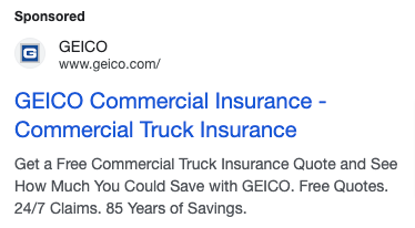Paid ad example for Geico commercial insurance