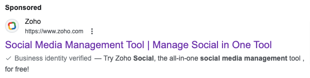 Paid ad example from Zoho, targeting keyword "social media management software"