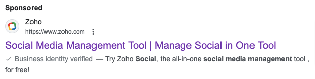 Paid ad example from Zoho, targeting keyword 