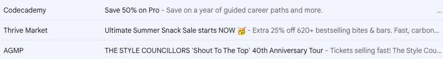 Three subject lines in an inbox with one sticking out because it has an emoji