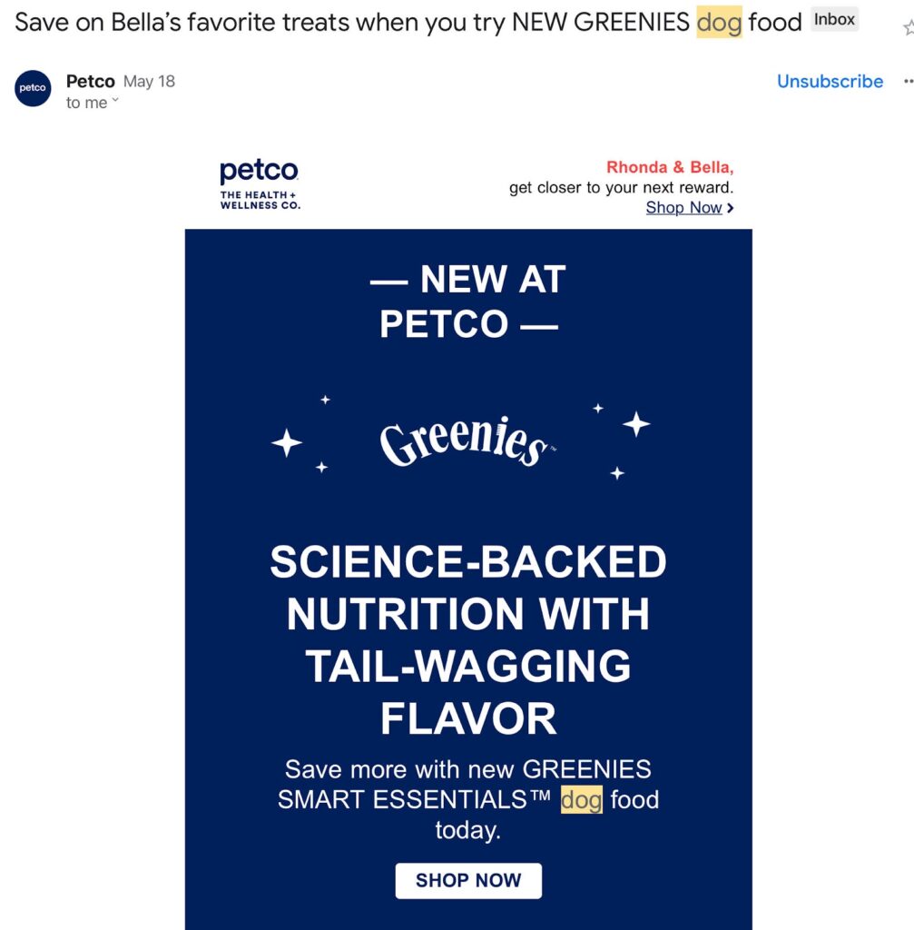 Email example from Petco