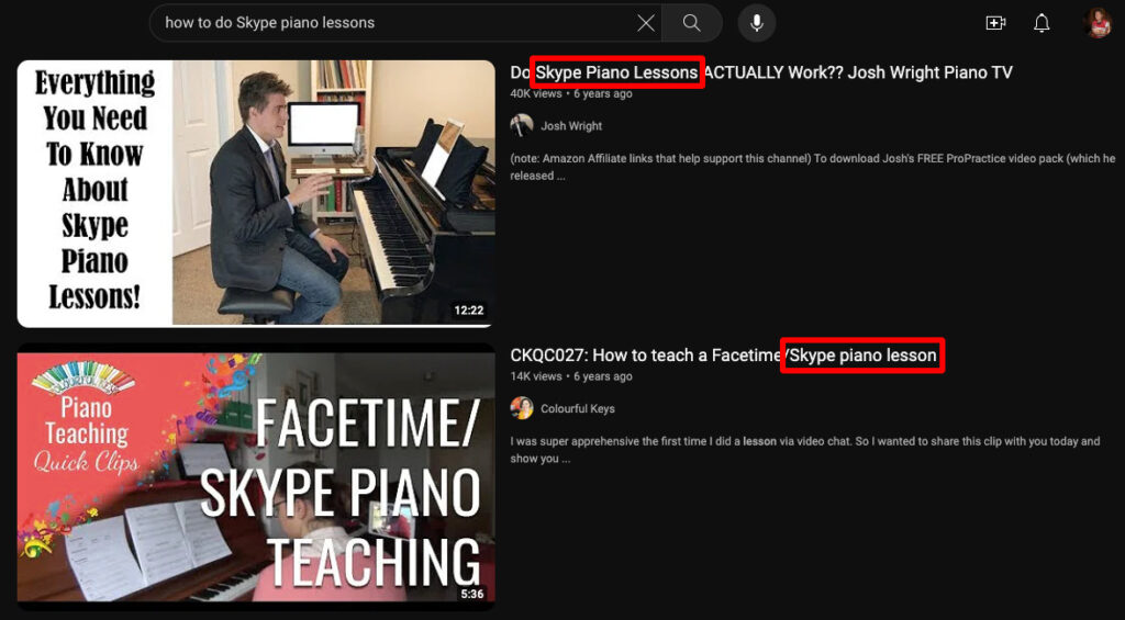 Results of a search on YouTube for “how to do Skype piano lessons”, showing the top two results have keyword 