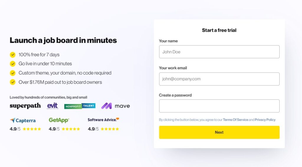 Niceboard landing page which includes the logos of businesses they’ve worked with as social proof.