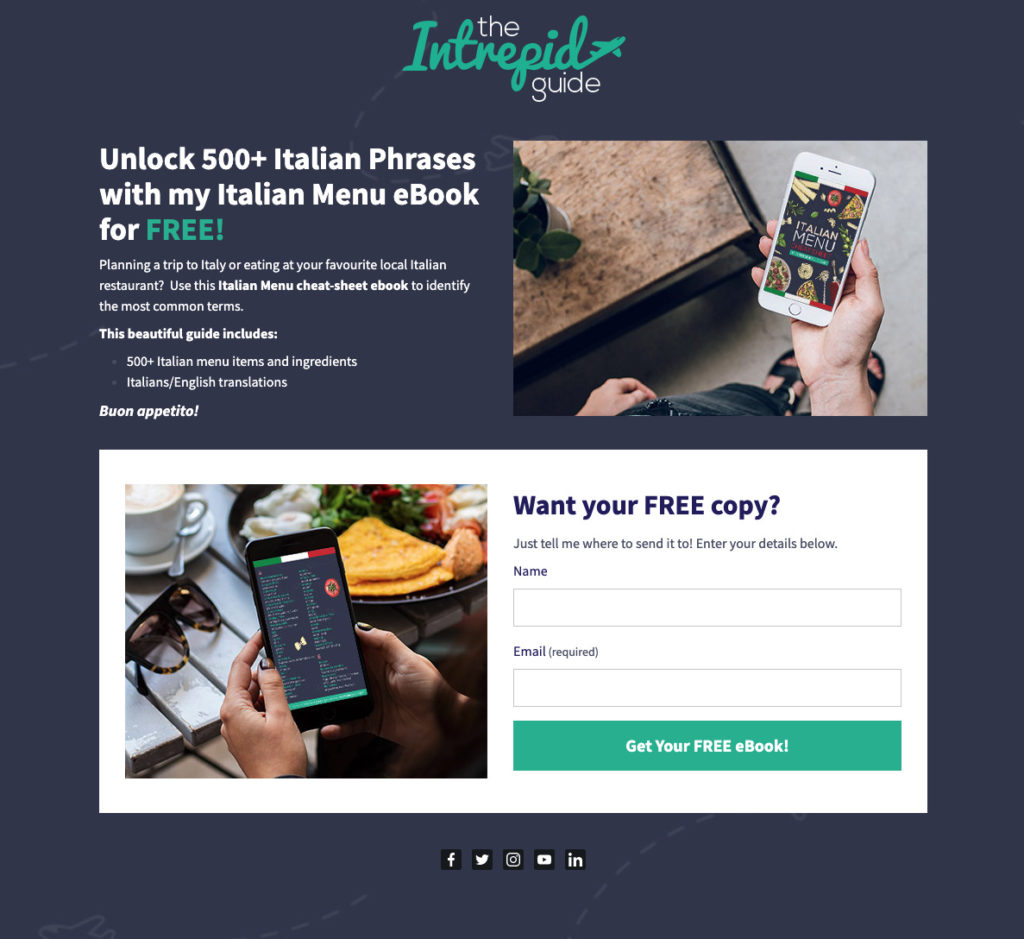 Landing page with an Italian Menu eBbook lead magnet from The Intrepid Guide 
