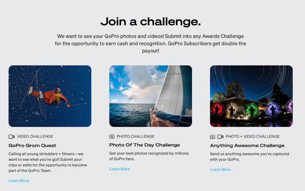 Landing page from GoPro showing user generated content from their customers