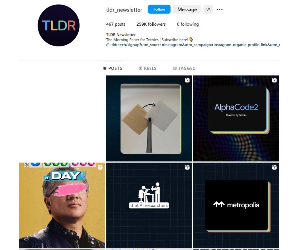TLDR Instagram page promoting its newsletter with a CTA and landing page link
