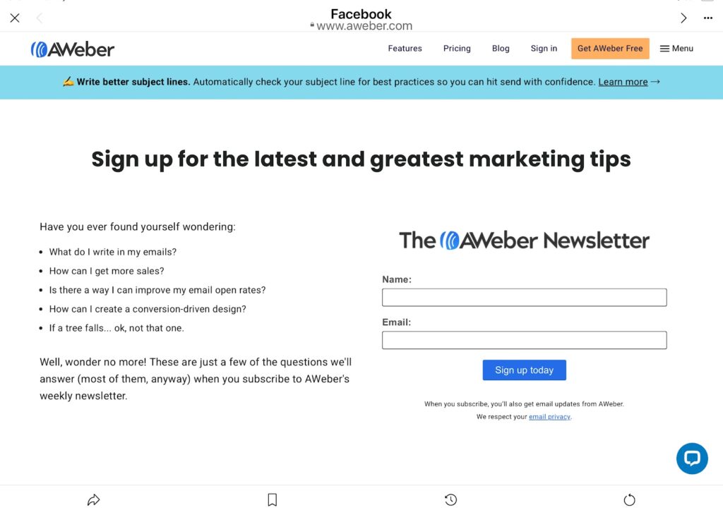 Landing page to sign up for AWeber's newsletter