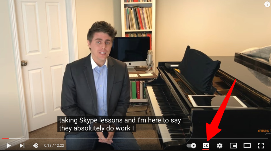 Screen shot of YouTube video showing location of cc (closed caption) button