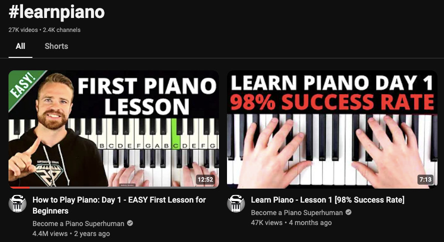 Search results on YouTube for #learnpiano