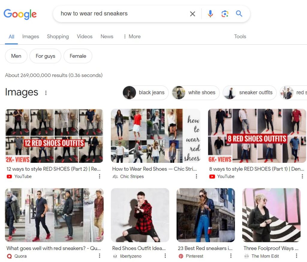 Screen shot of a Google search for “How to wear red sneakers”