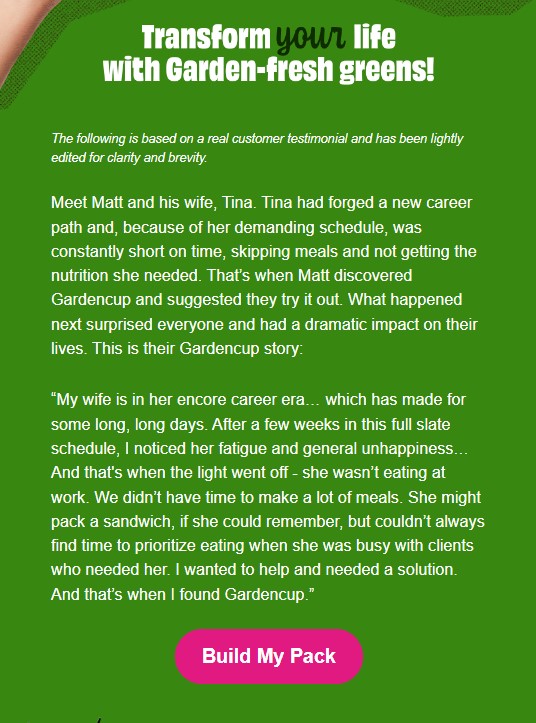 Email example from Gardencup, highlighting a customer story