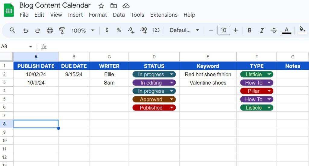 Content Calendar spreadsheet example