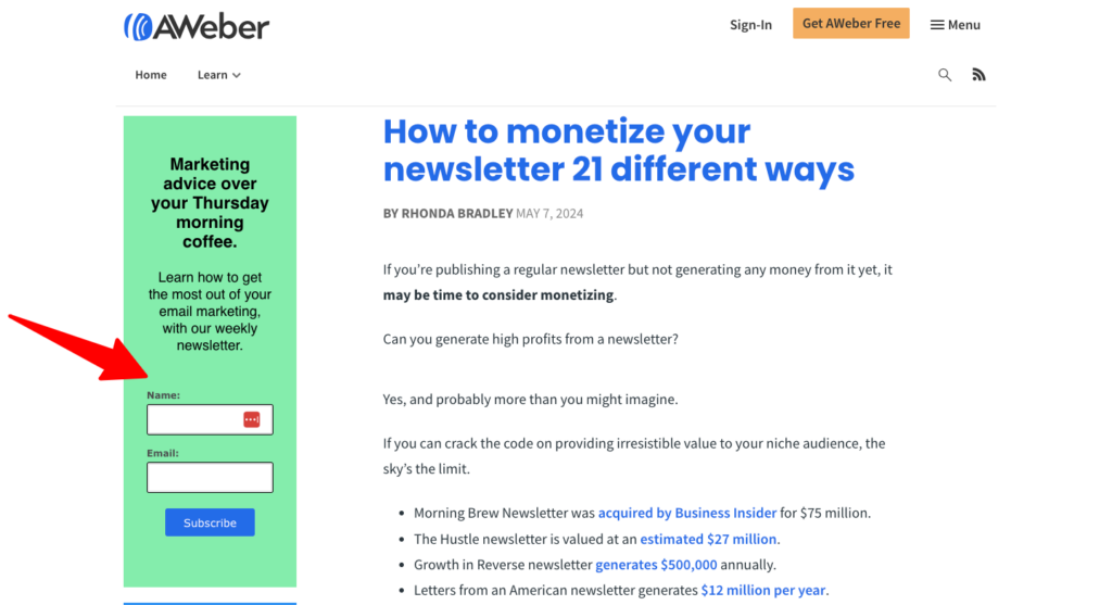 Screen shot of an AWeber blog post with a call to action to sign up for our email list