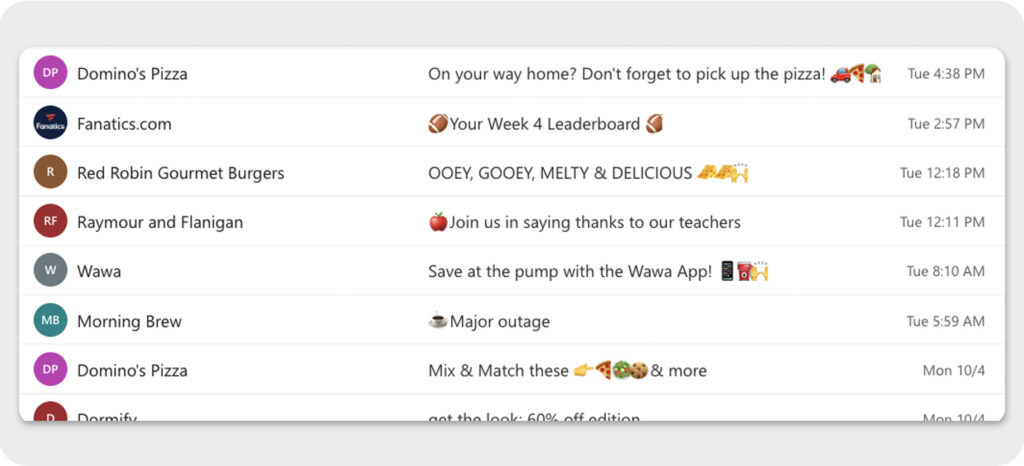 An inbox showing subject lines using emoji's