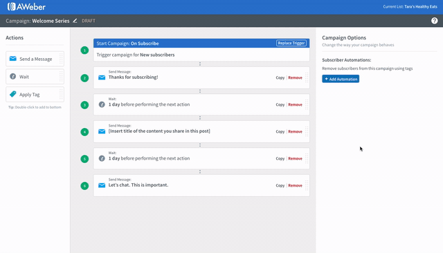 Setting up an automated email sequence in AWeber based on a tag from a previously opened email