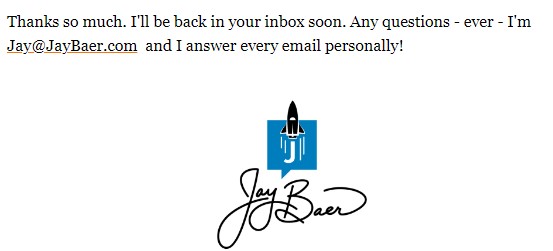 Email signature example from Joy Baer's welcome email