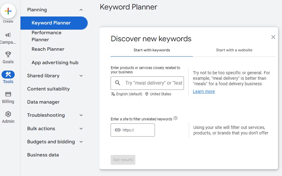 Google Keyword Planner tool