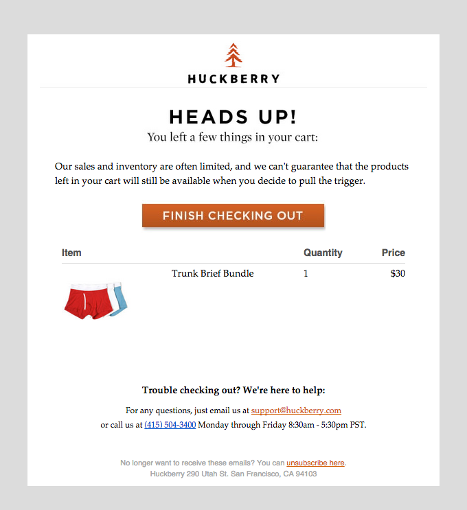 Cart abandoned email example from Huckberry