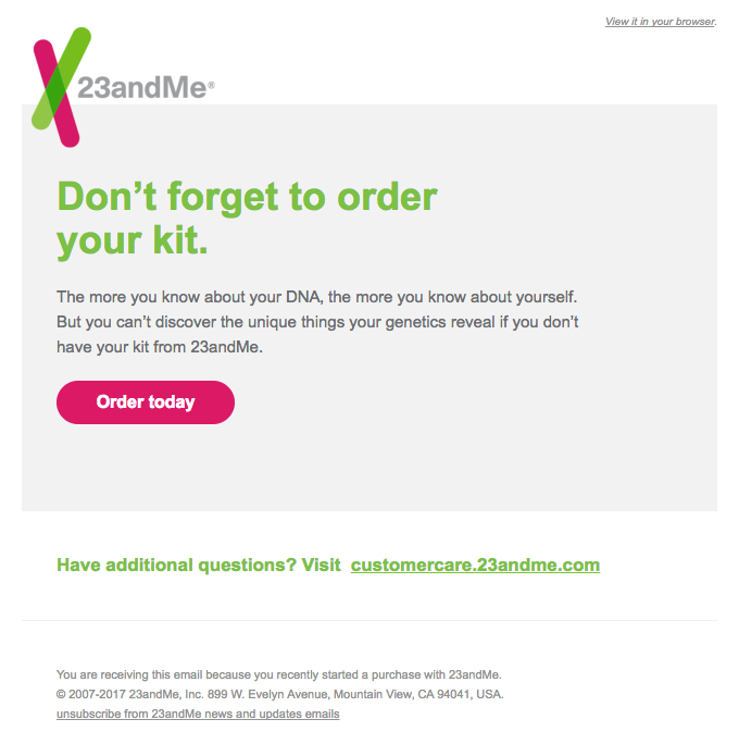 Cart abandoned email example from 23andMe