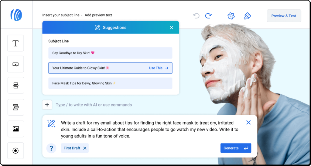 AWeber's email marketing builder with AI writing assistant