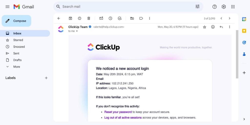 Screenshot of an email from ClickUp