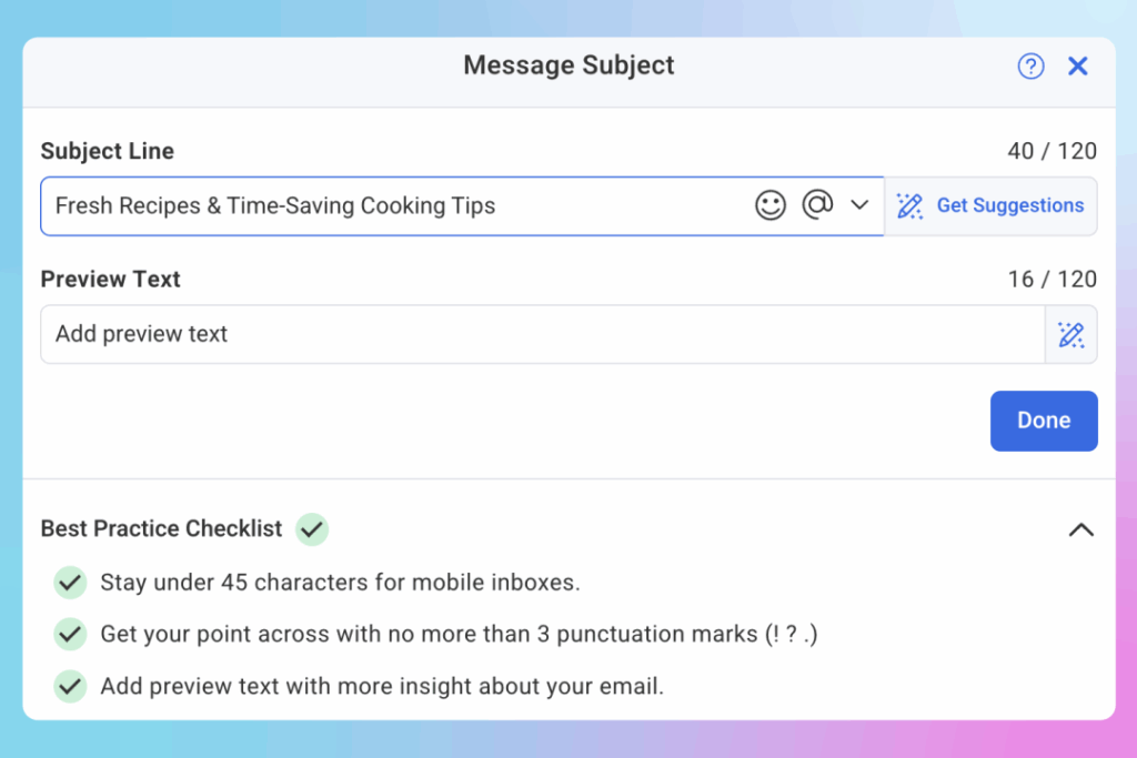 Best Practices Checklist in AWeber's Subject Line Assistant