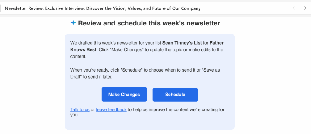 AWeber's Newsletter Assistant email where you can review and schedule