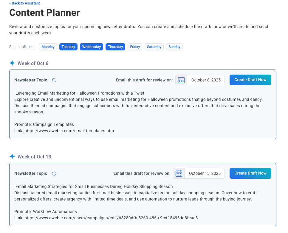 Content Planner screenshot for AWeber's Newsletter Assistant