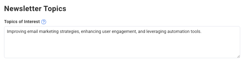 Topics of Interest screenshot for AWeber's Newsletter Assistant