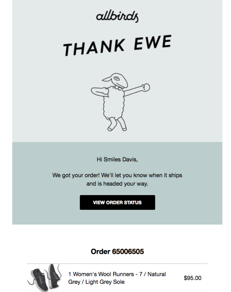 Transaction email example from allbirds