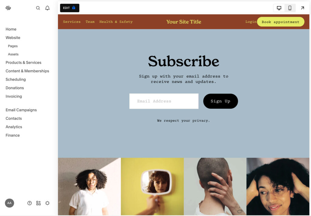 Screenshot of SquareSpace website builder
