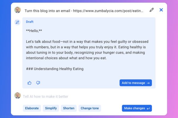 AI writing assistant generating content inside AWeber
