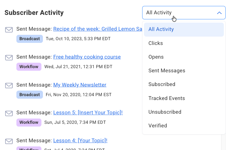 Image showing Filtering Subscriber Activity in AWeber