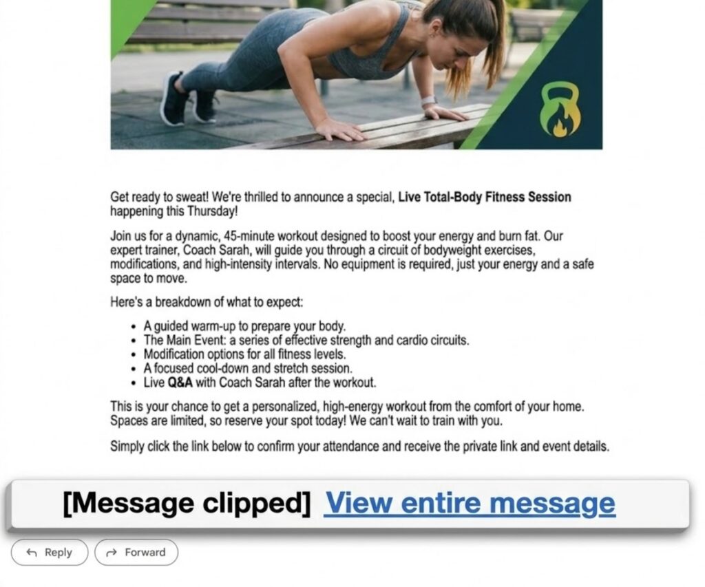 Image of an email showing gmail clipping message