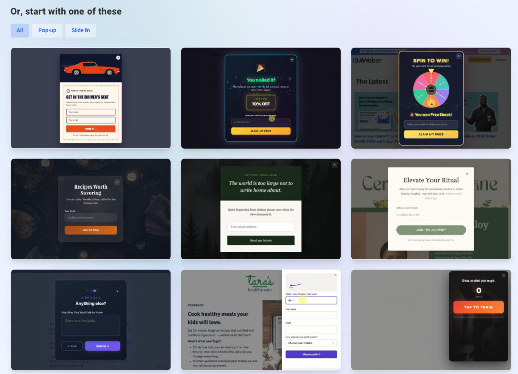 Screenshot of AI Form Builder templates in AWeber
