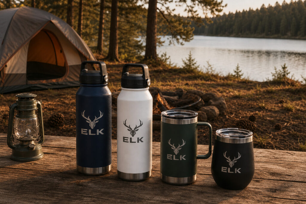 Photo of branded tumblers on scenic background