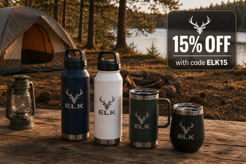 Photo of branded tumblers on scenic background with text overlay